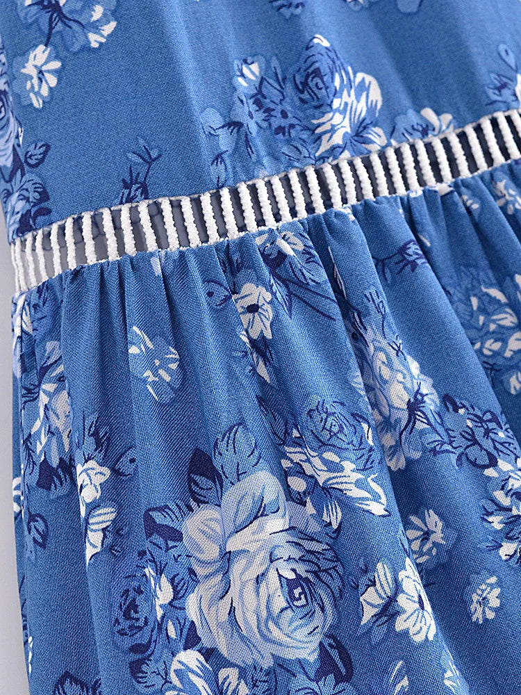 Cottage Blue Floral Print Boho Maxi Skirt