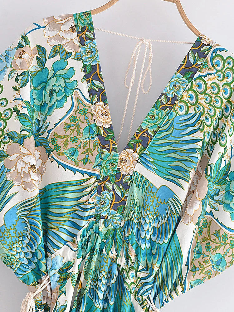Teal Songbird Boho Floral Print Midi Dress