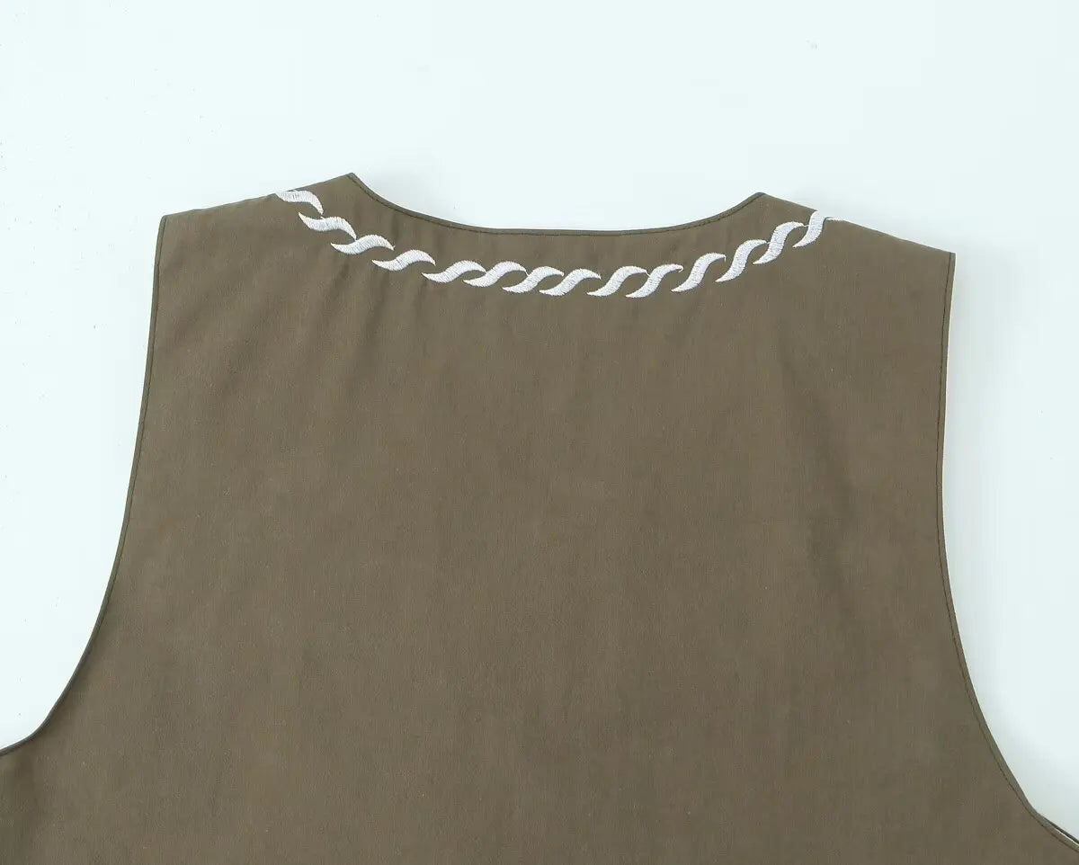 Olive Paisley Boho Floral Embroidered Vest