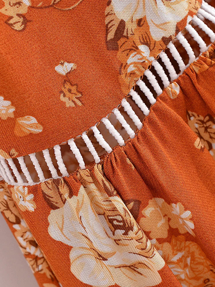 Amber Glow Floral Print Boho Maxi Skirt