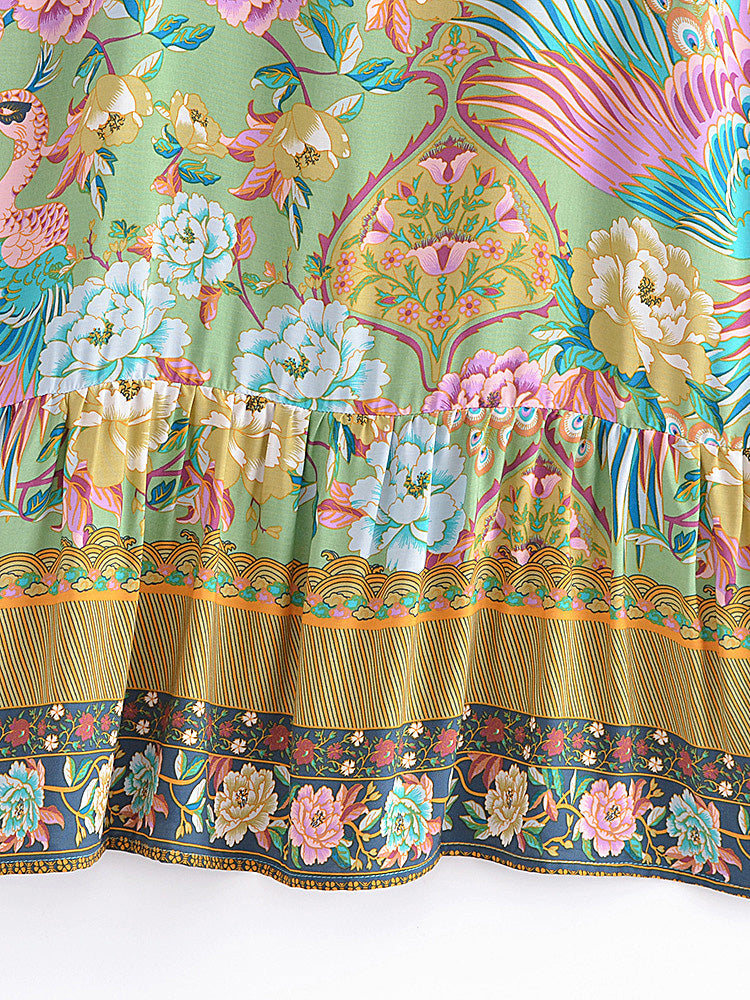 Jade Peacock Boho Floral Print Midi Dress