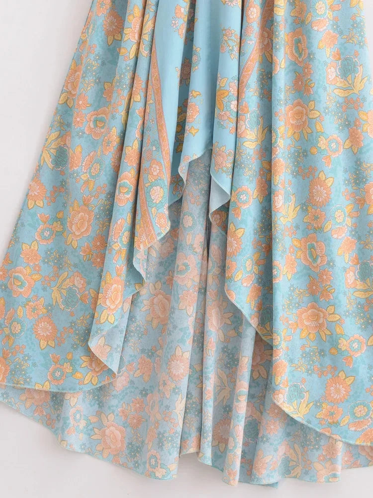 Enchanted Blue Boho Floral Print Maxi Dress