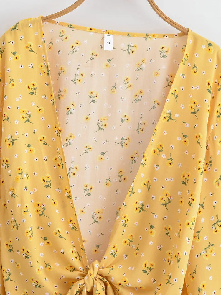 Buttercup Bloom Boho Floral Print Long Sleeve Crop Top