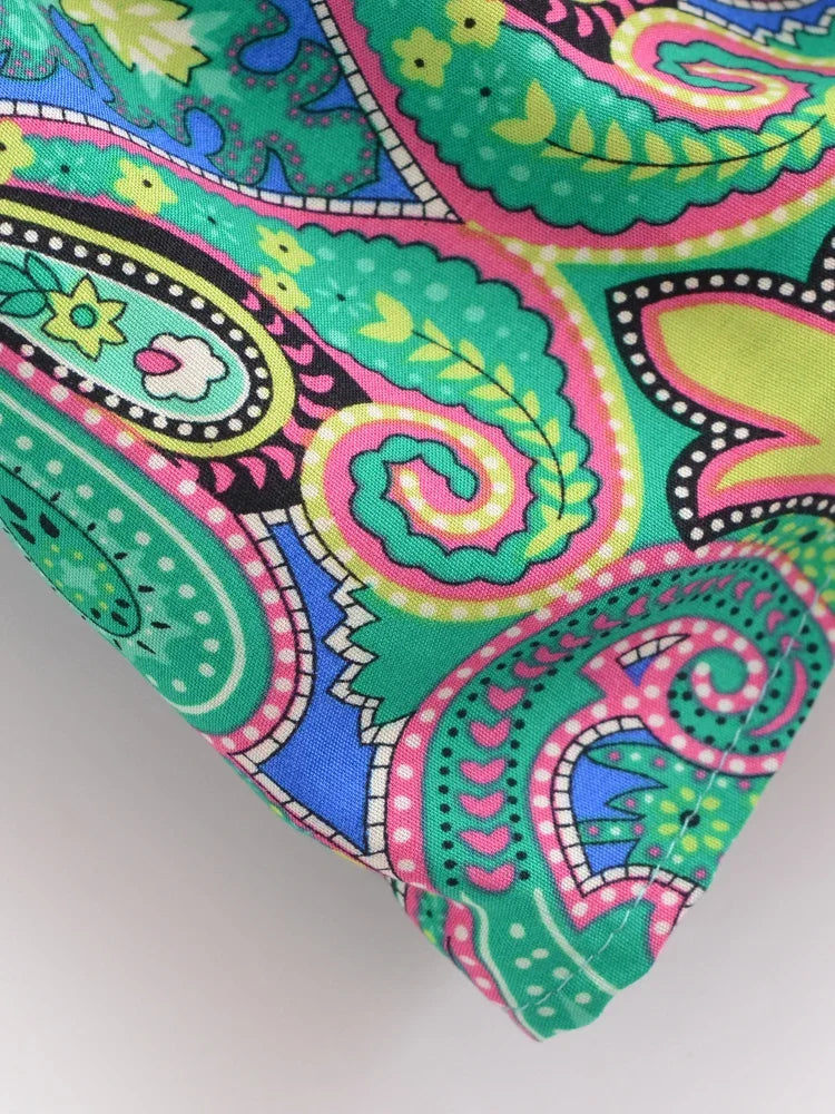 Mystic Green Boho Paisley Print Long Sleeve Crop Top