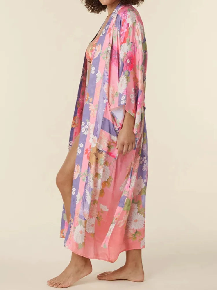 Pink Blooms Boho Floral Print Maxi Robe