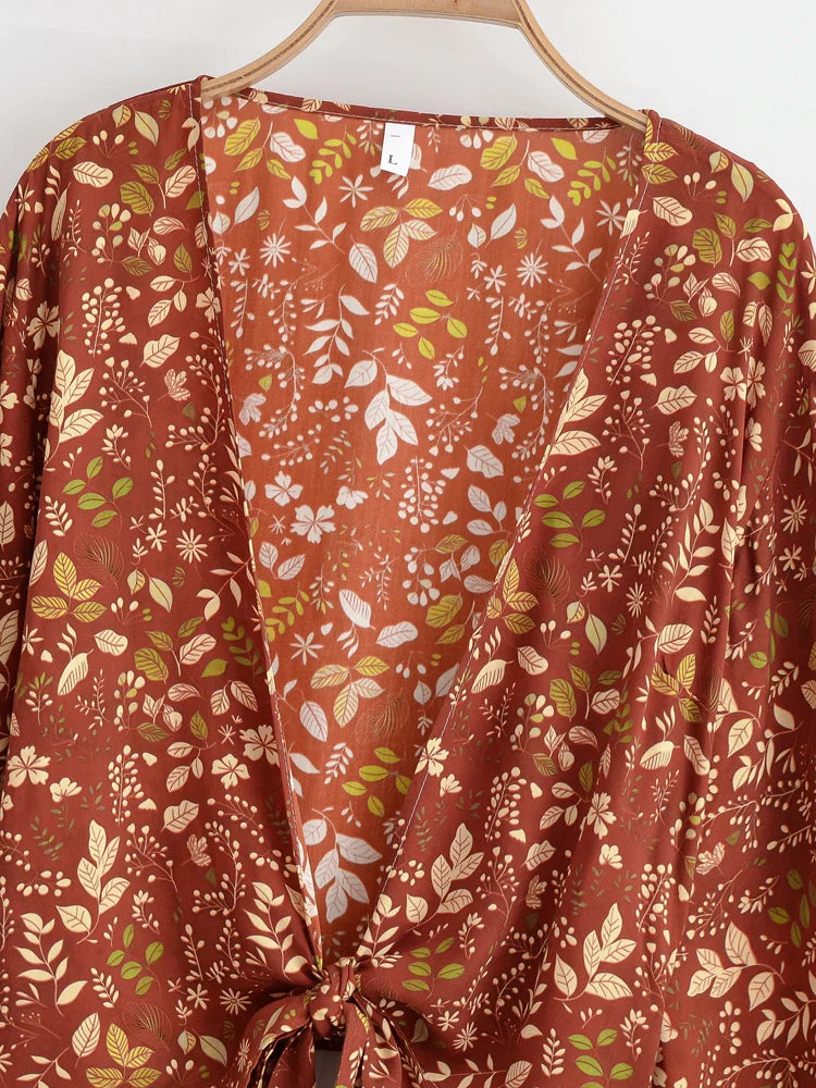 Terracotta Blossom Boho Floral Print Long Sleeve Crop Top