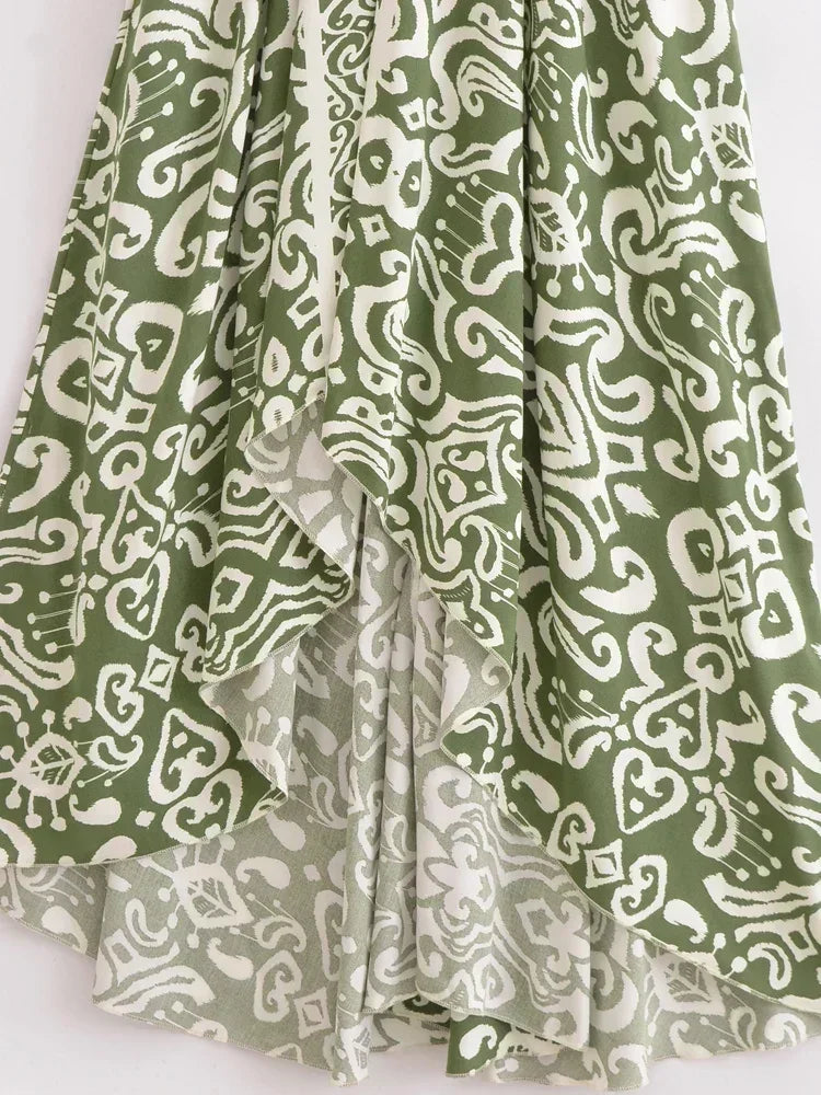 Sage Serenade Boho Floral Print Maxi Dress