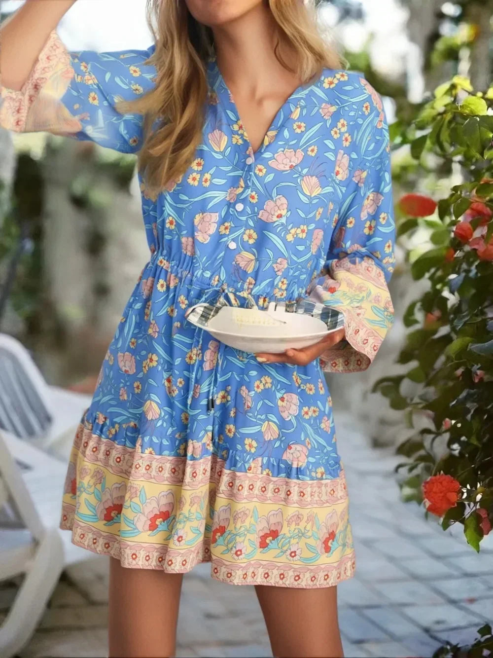 Sweetly Blooming Blue Boho Floral Print Mini Dress