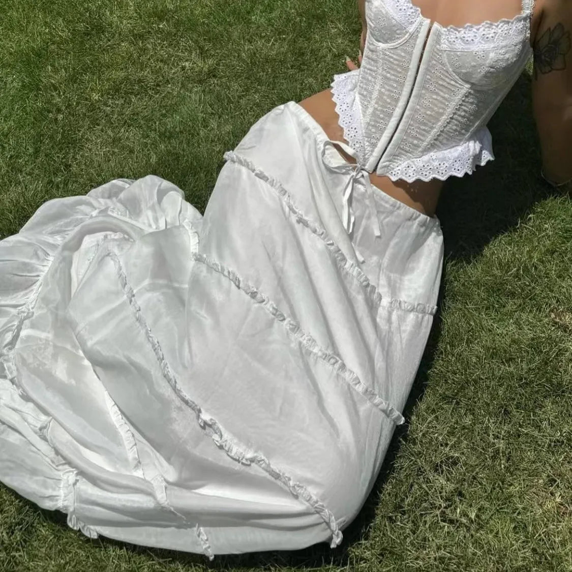 Heavenly White Boho Ruffle Maxi Skirt