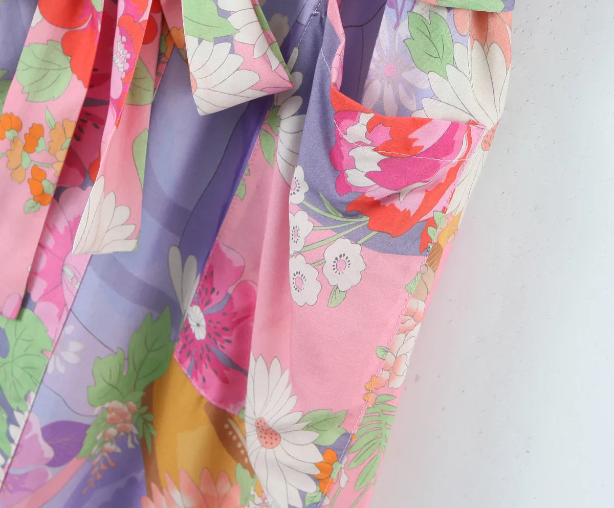 Pink Blooms Boho Floral Print Maxi Robe