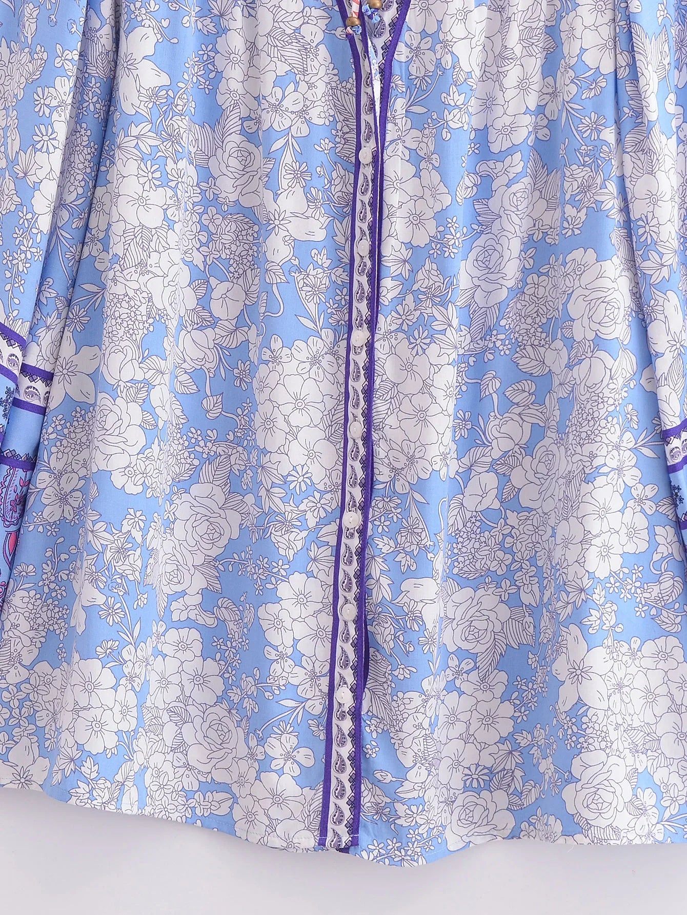 Serene Blue Boho Floral Print Long Sleeve Blouse