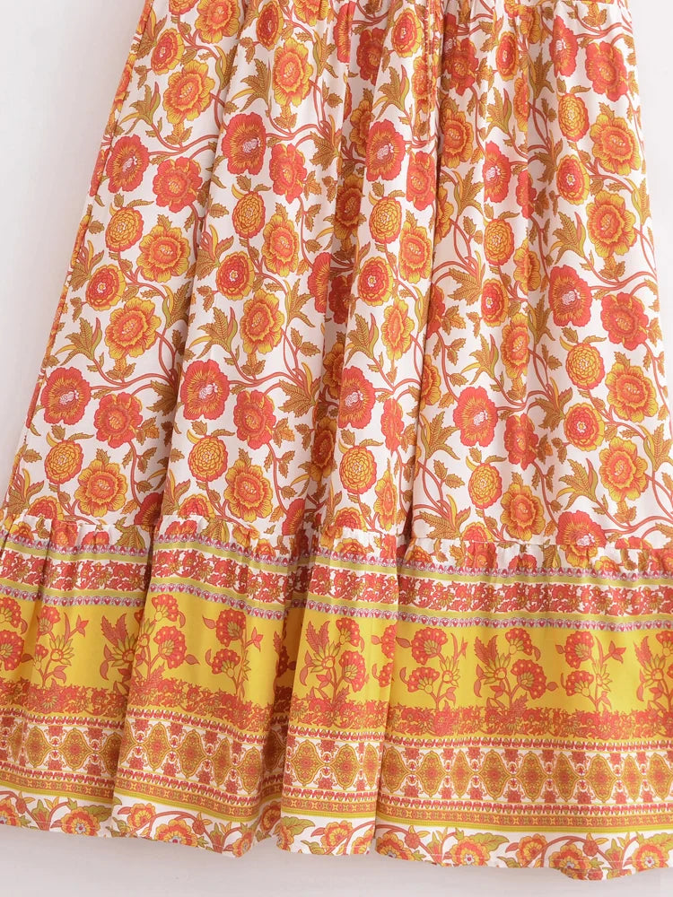 Marigold Orange Boho Floral Print Maxi Dress