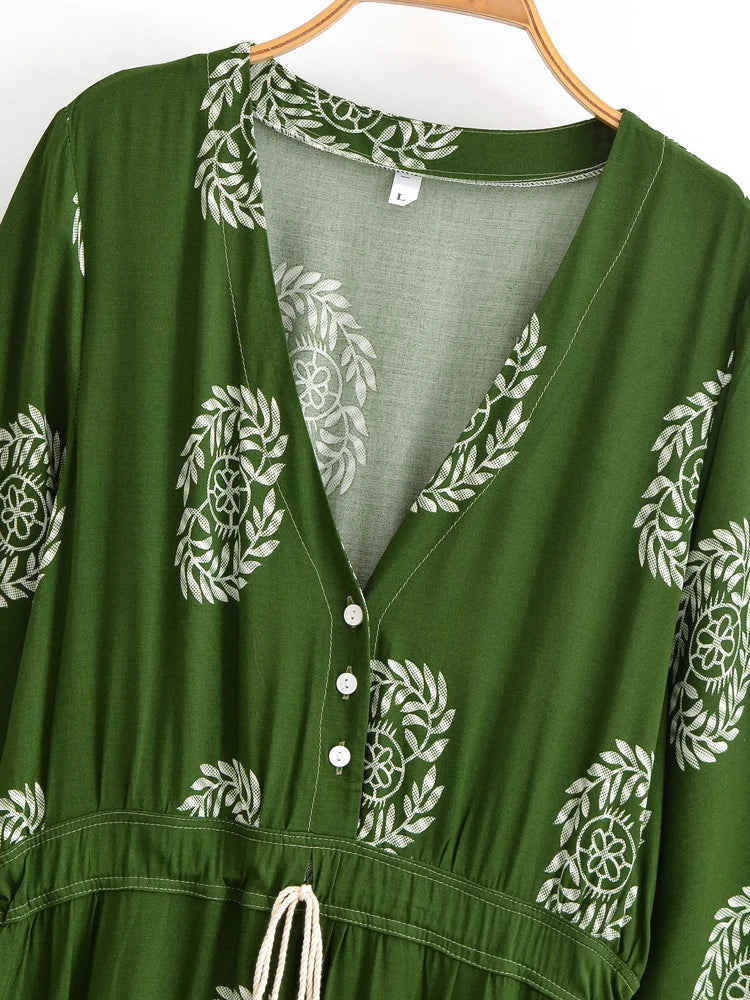 Sagewood Green Boho Floral Print Maxi Dress