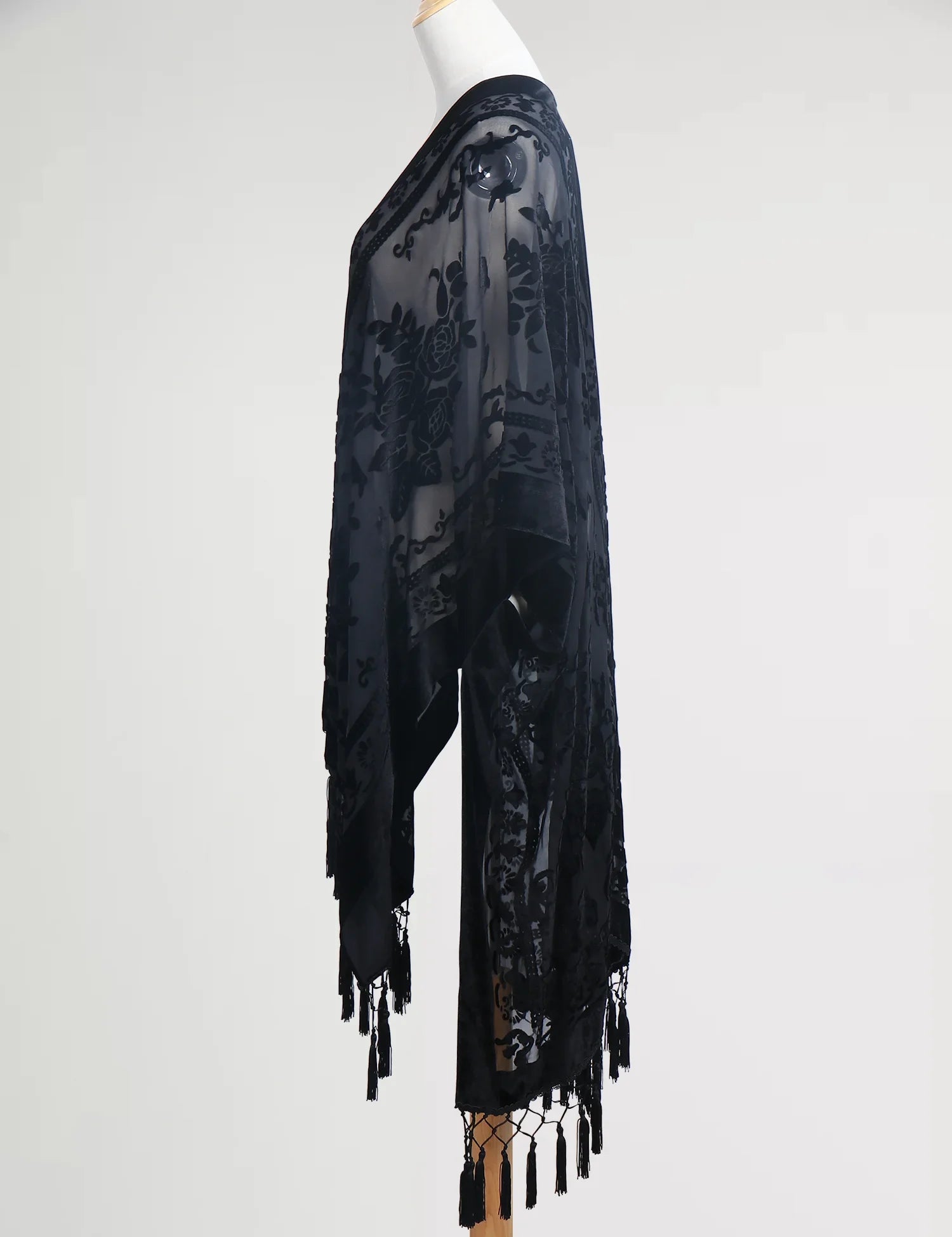 Black Floral Print Velvet Burnout Kimono