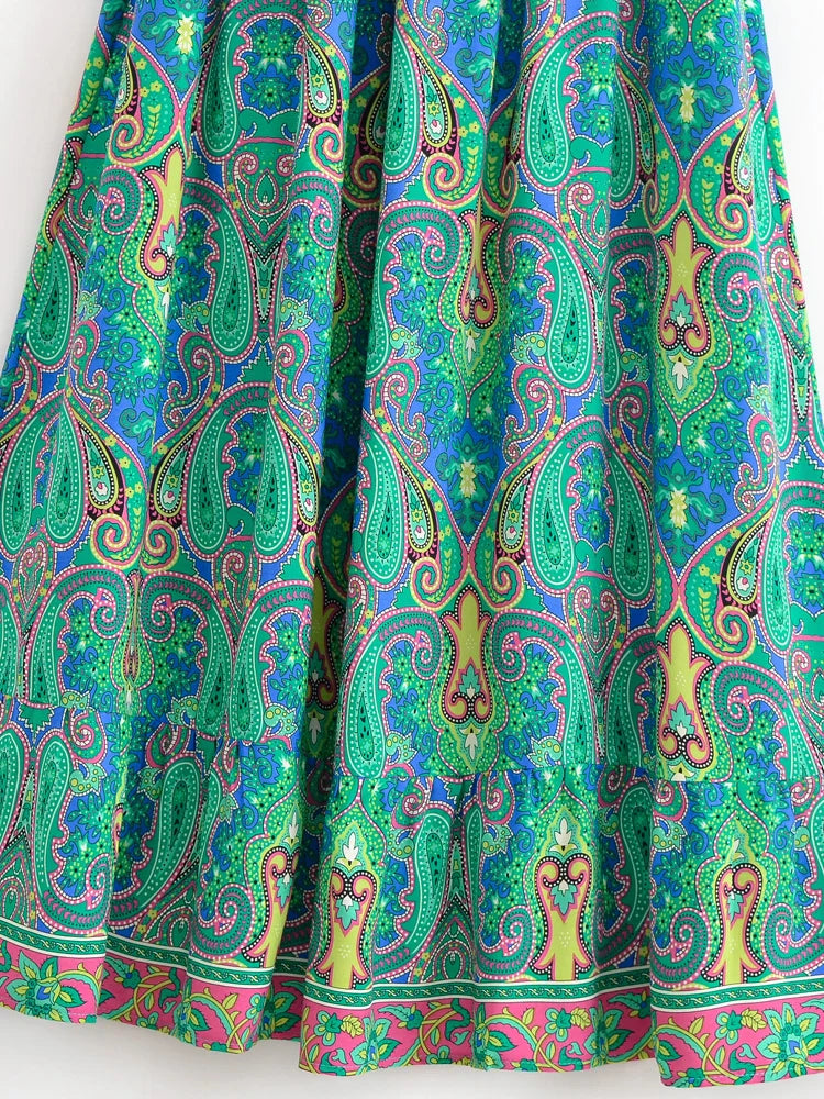 Mystic Green Boho Paisley Print High-Low Maxi Skirt