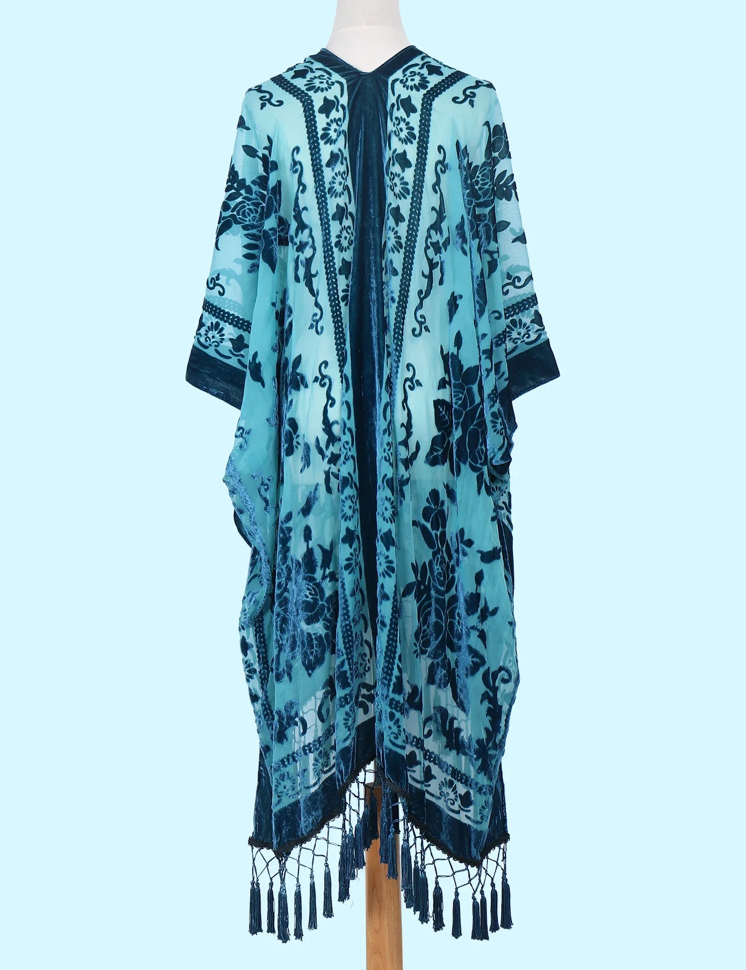 Teal Dream Floral Print Velvet Burnout Kimono