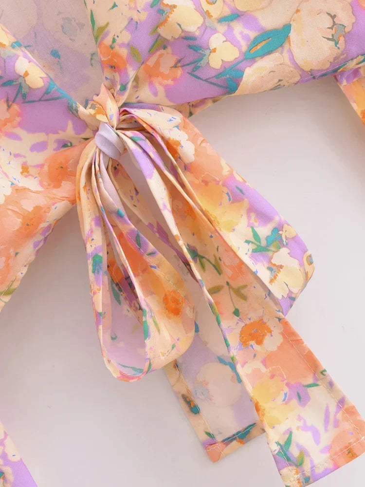 Soft Petals Boho Floral Print Long Sleeve Crop Top