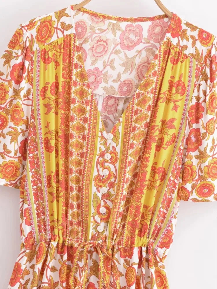 Marigold Orange Boho Floral Print Maxi Dress