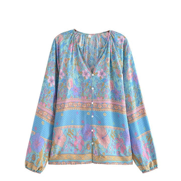 Blue Hibiscus Boho Floral Print Long Sleeve Blouse