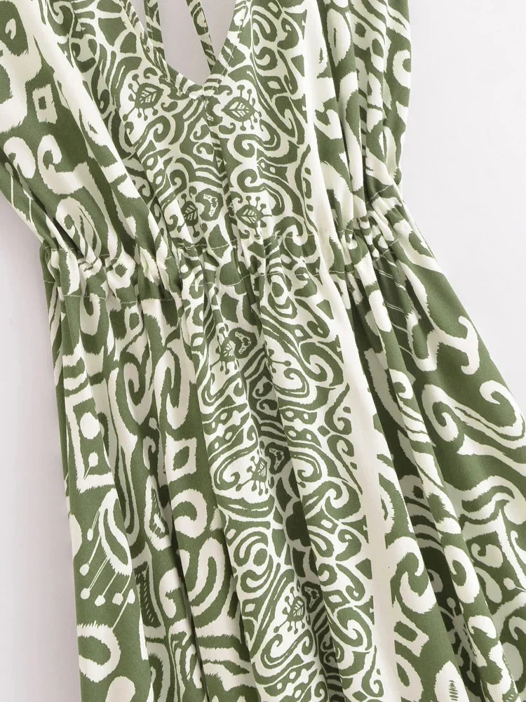 Sage Serenade Boho Floral Print Maxi Dress