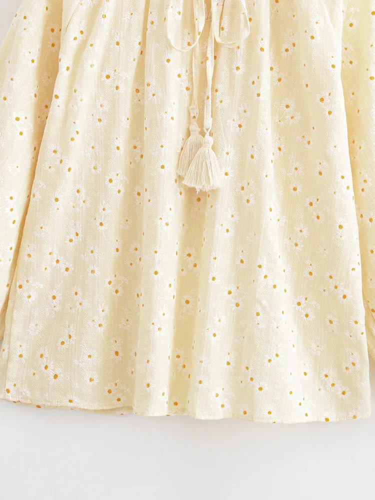 Golden Daisy Boho Floral Embroidered Long Sleeve Blouse