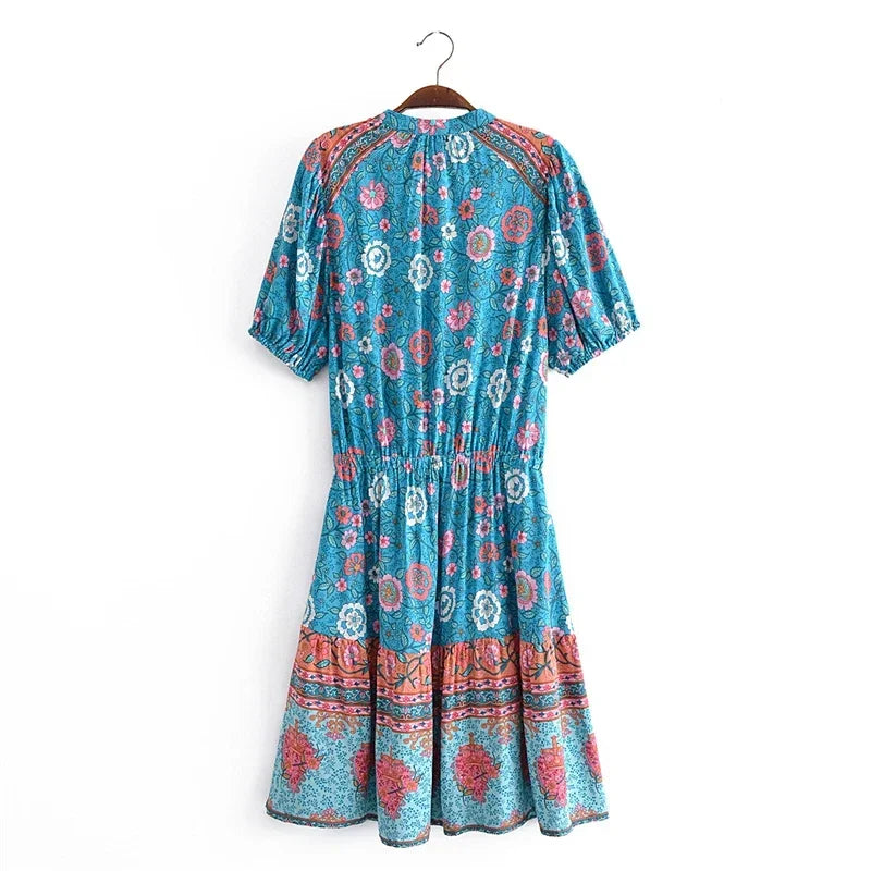 Blue Bouquet Boho Floral Print Midi Dress