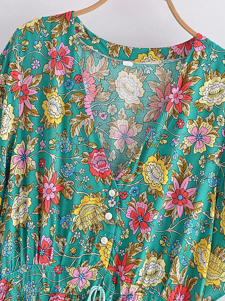 Teal Blooms Boho Floral Print Maxi Dress