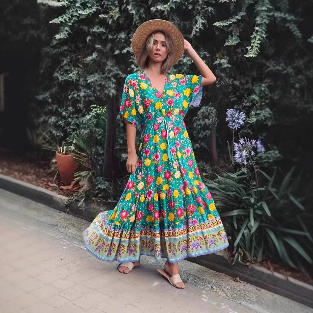 Teal Blooms Boho Floral Print Maxi Dress
