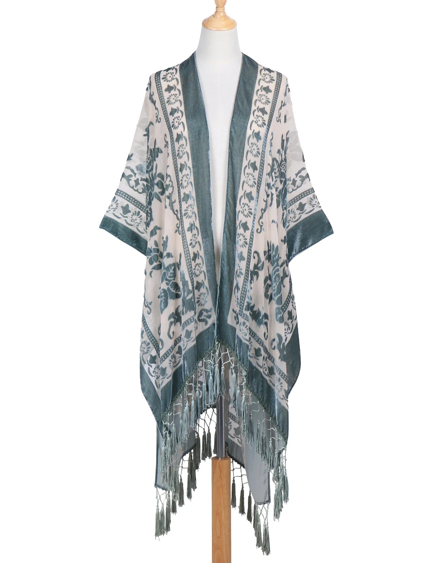 Sage Floral Print Velvet Burnout Kimono