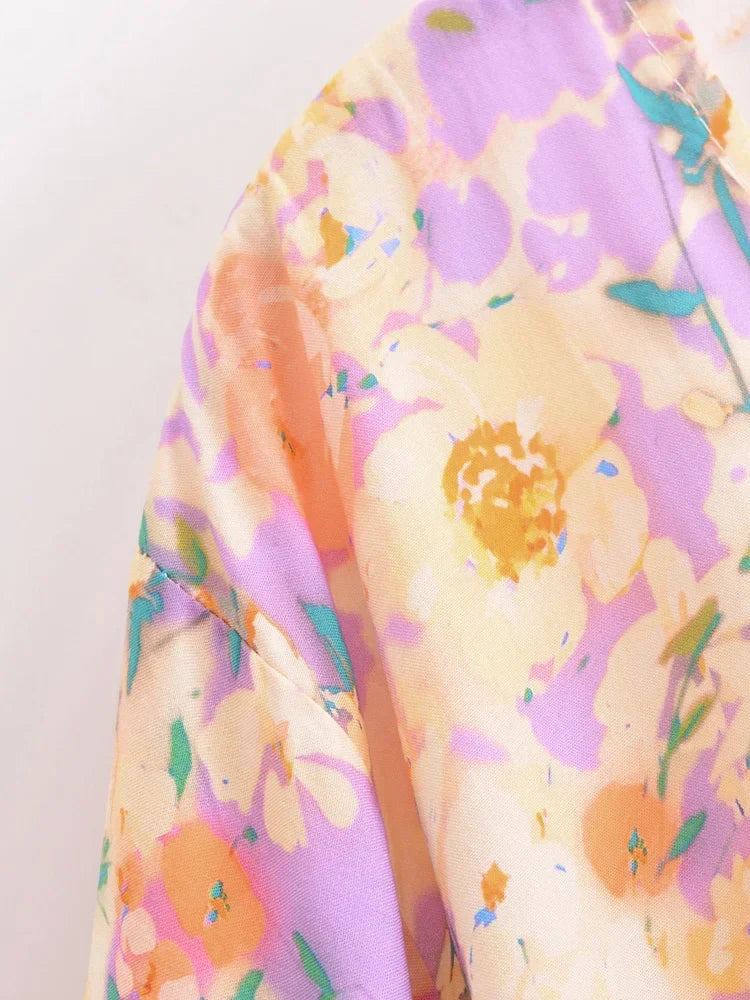 Soft Petals Boho Floral Print Long Sleeve Crop Top