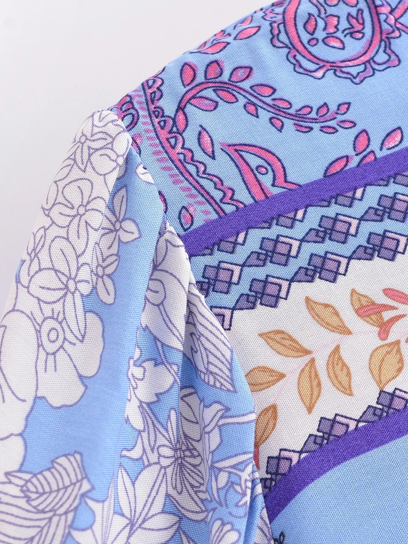 Serene Blue Boho Floral Print Long Sleeve Blouse