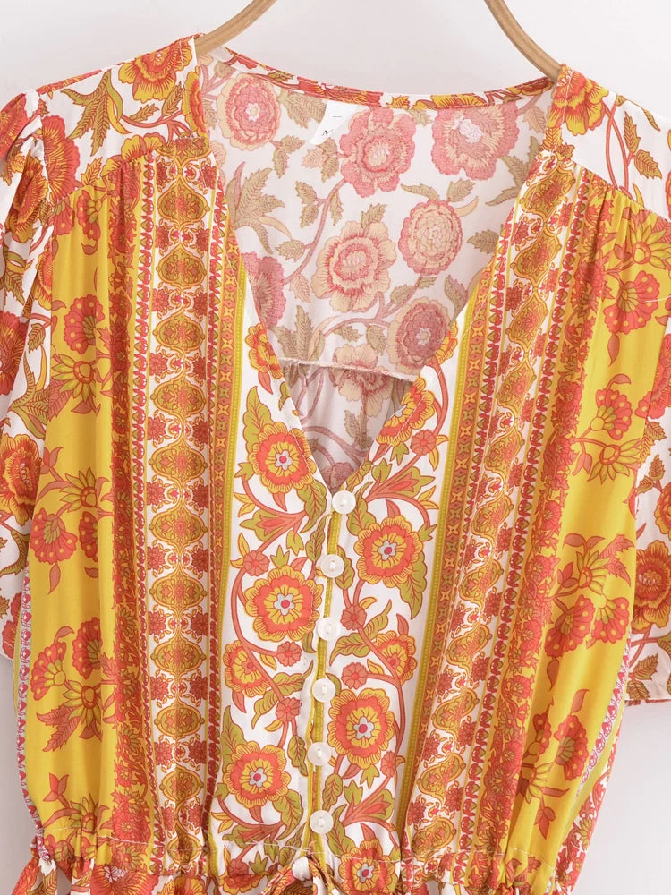 Marigold Orange Boho Floral Print Mini Dress