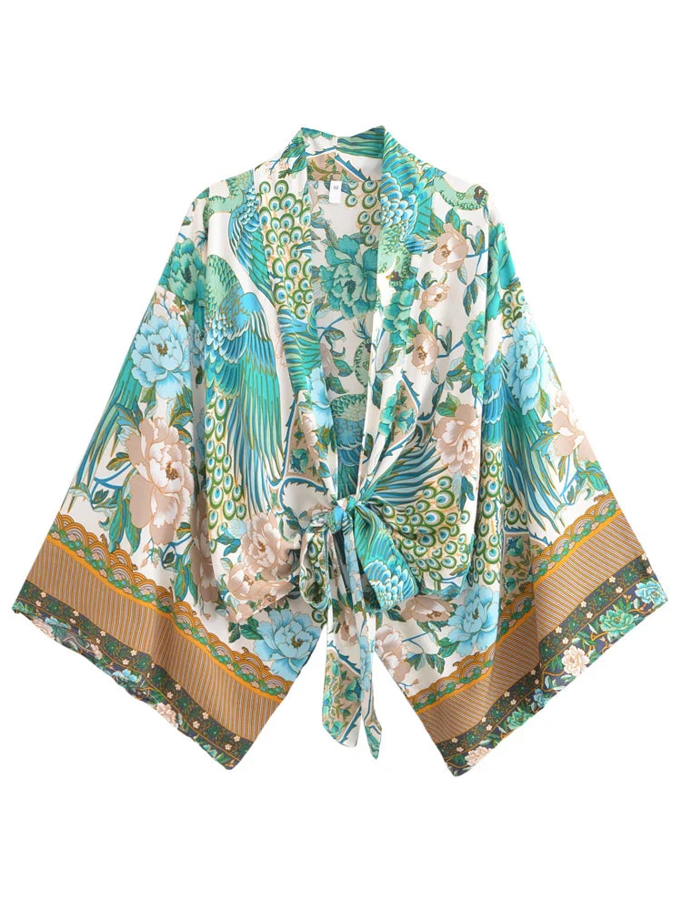 Emerald Peacock Boho Floral Print Crop Top