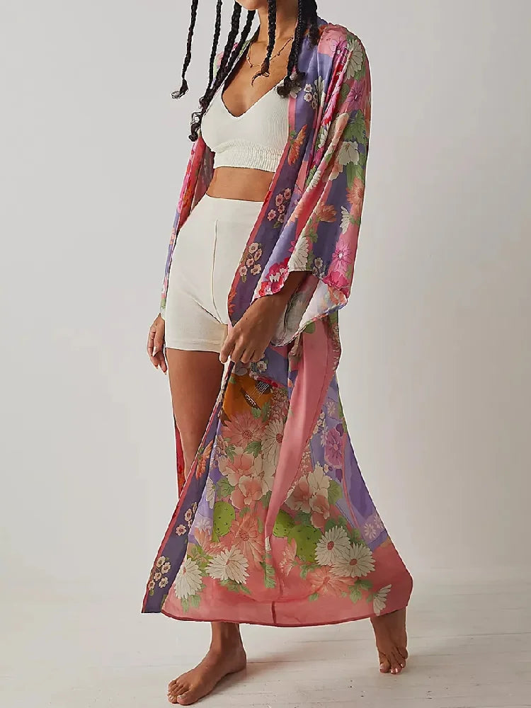 Pink Blooms Boho Floral Print Maxi Robe