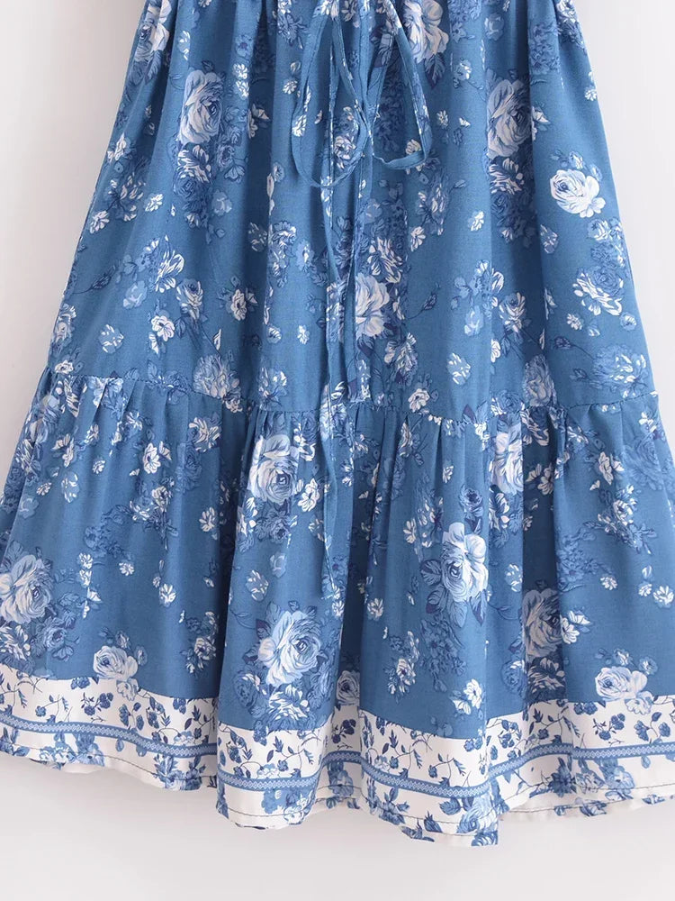Cottage Blue Boho Floral Print Mini Dress