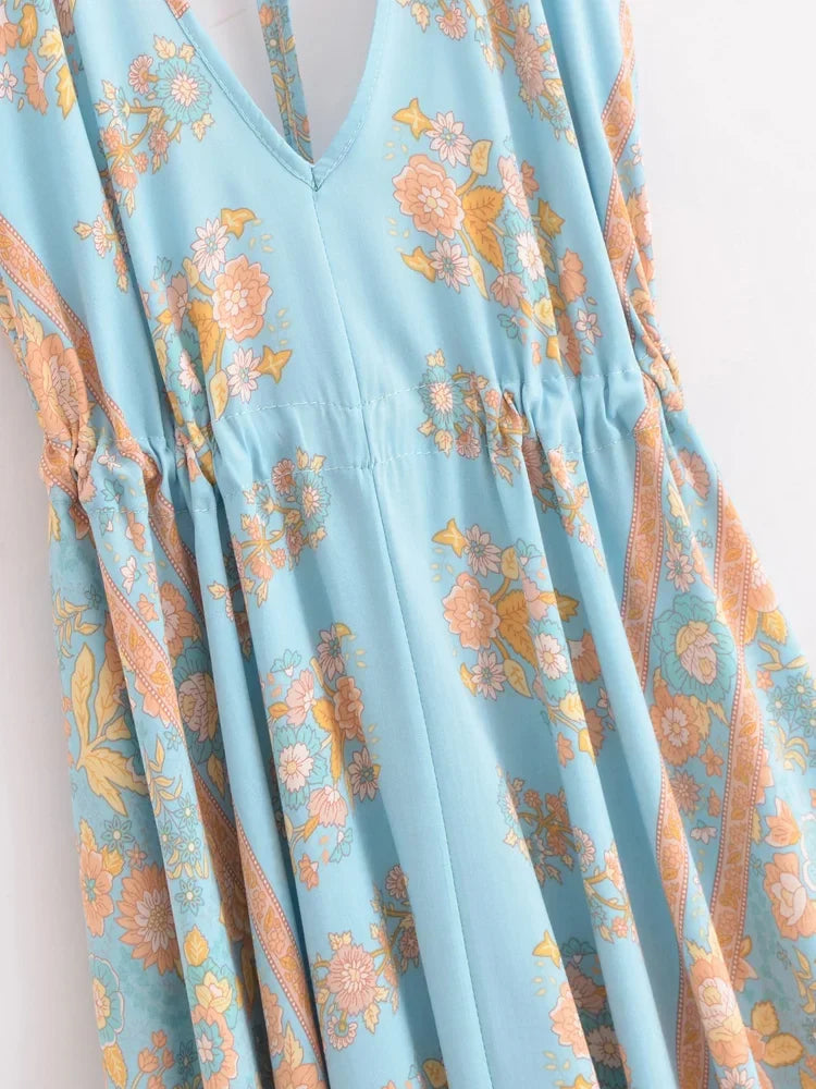 Enchanted Blue Boho Floral Print Maxi Dress