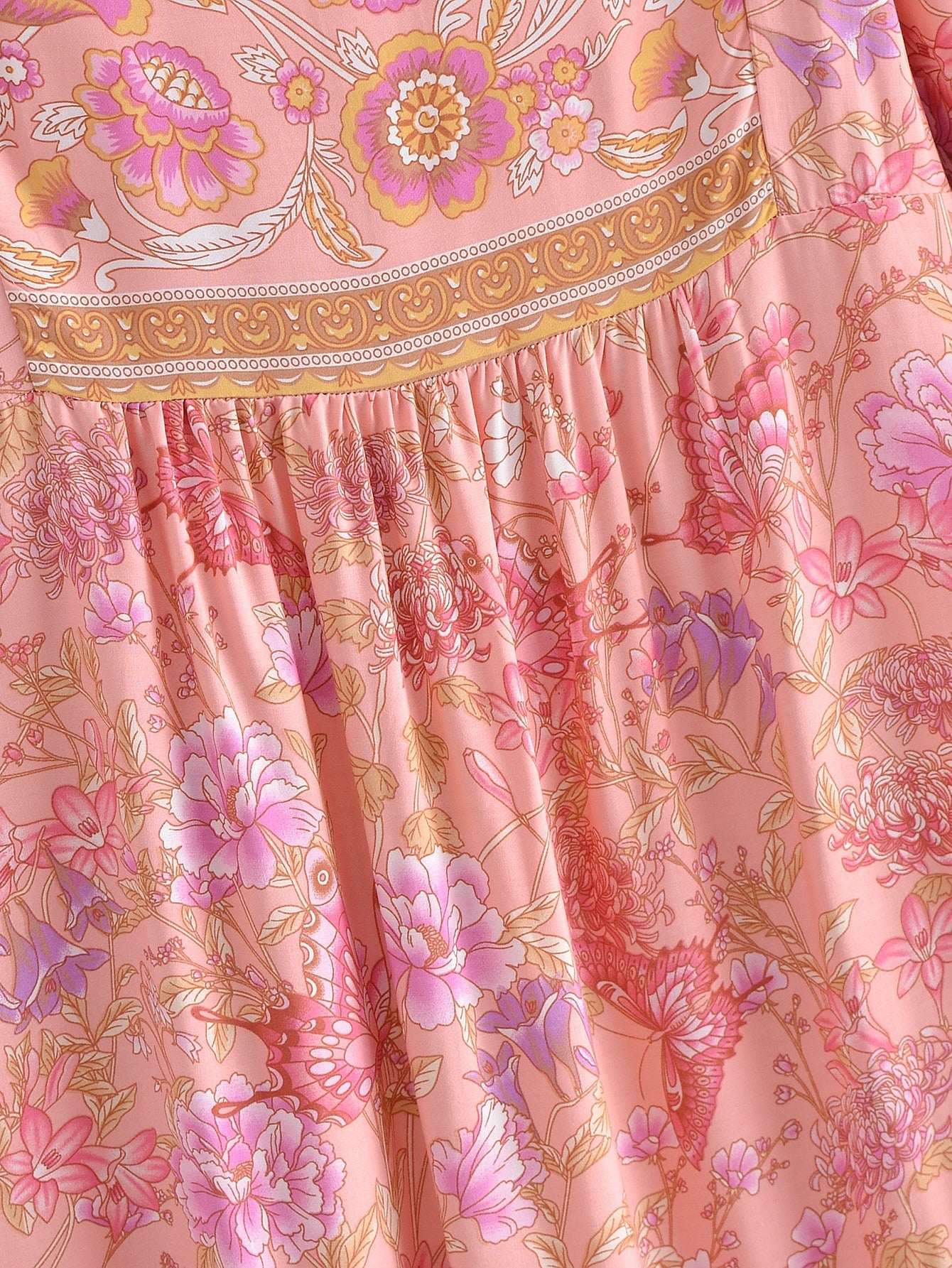 Pink Butterfly Boho Floral Print Long Sleeve Maxi Dress