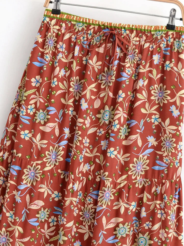 Henna Blossom Floral Print Boho Maxi Skirt