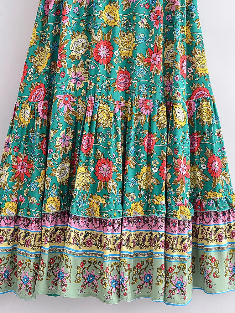 Teal Blooms Boho Floral Print Maxi Dress