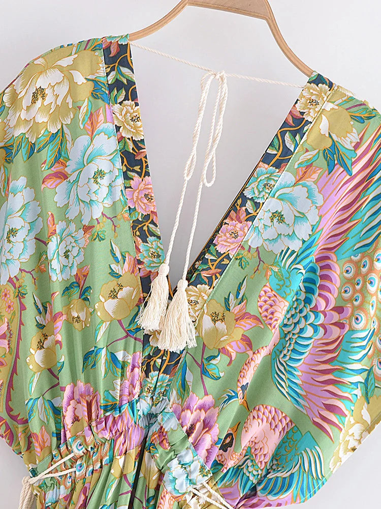 Jade Songbird Boho Floral Print Midi Dress