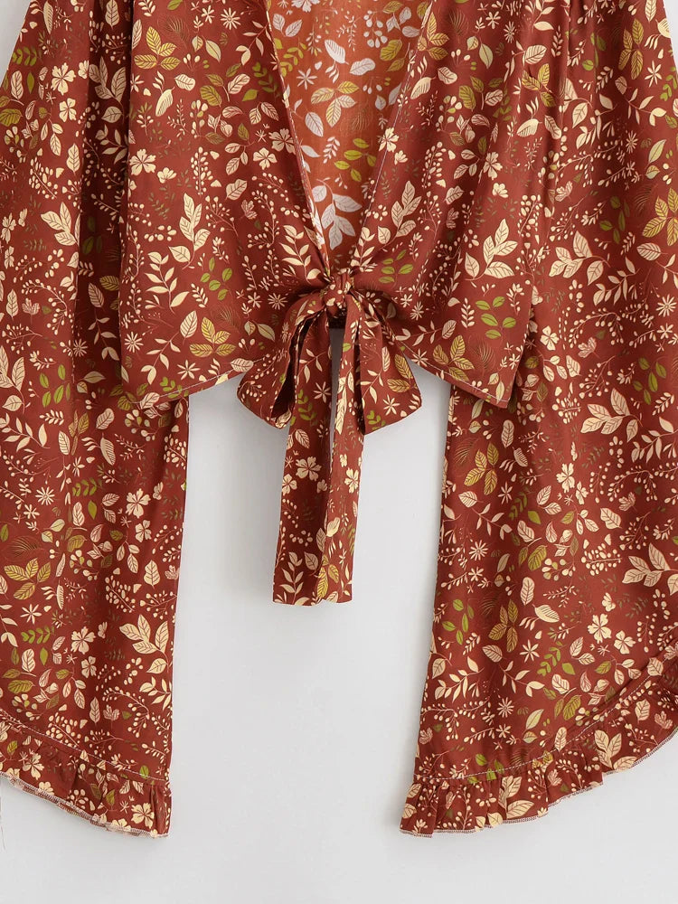 Terracotta Blossom Boho Floral Print Long Sleeve Crop Top
