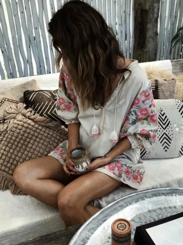Blush Meadow Boho Floral Embroidered Mini Dress