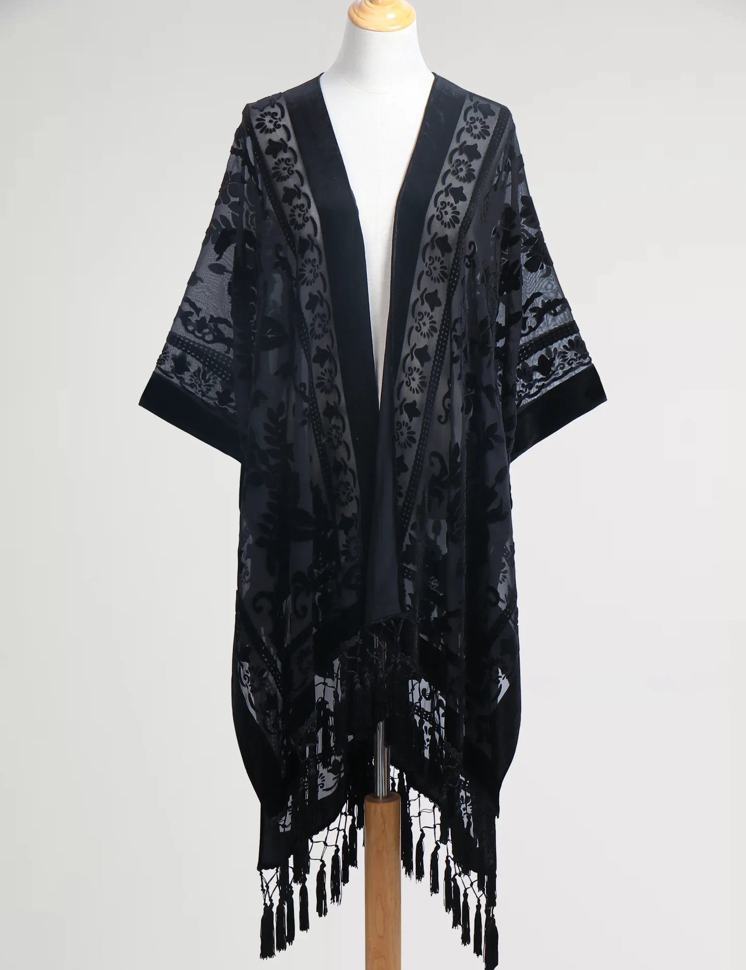 Black Floral Print Velvet Burnout Kimono