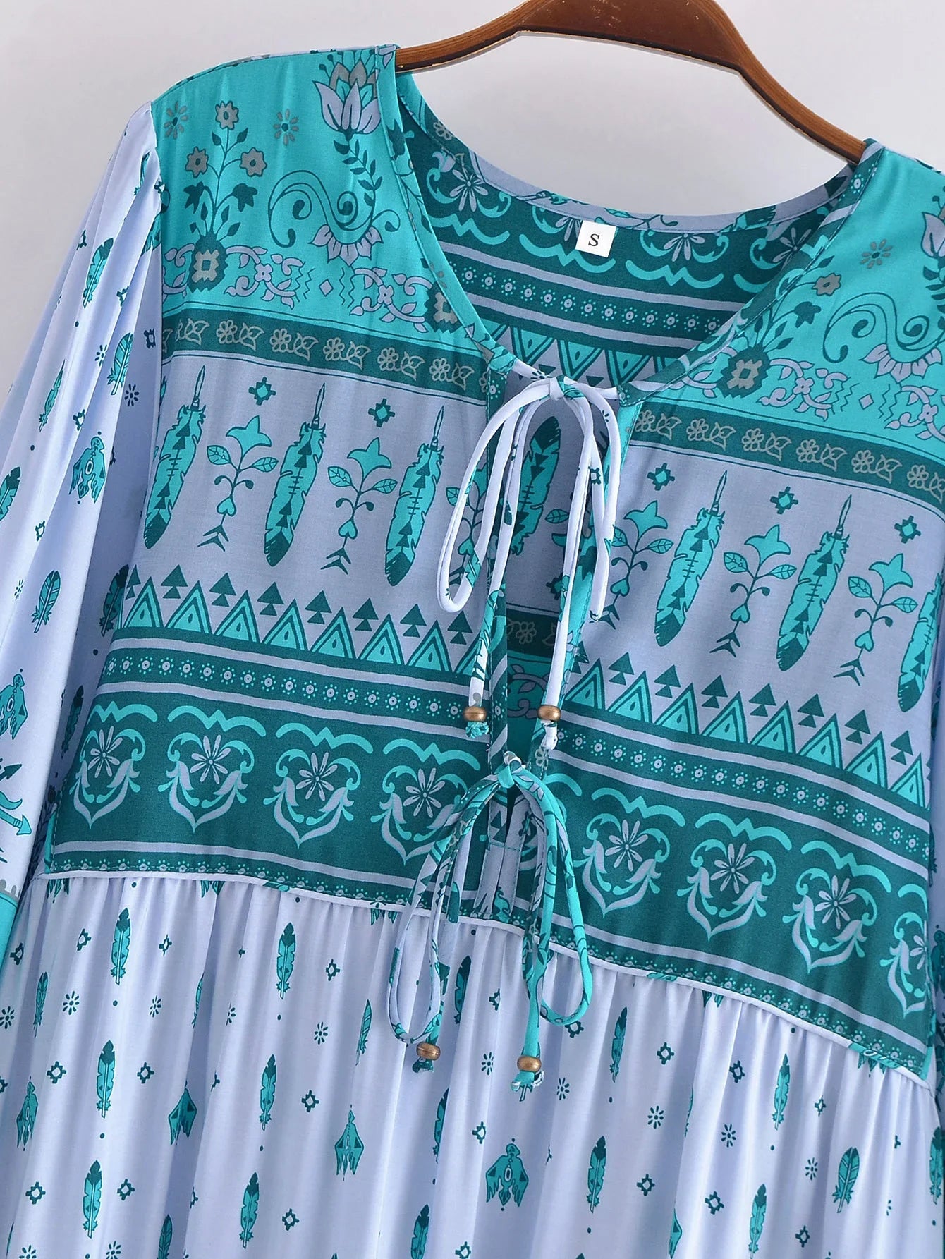 Ethereal Gypsy Feather Boho Floral Long Sleeve Maxi Dress