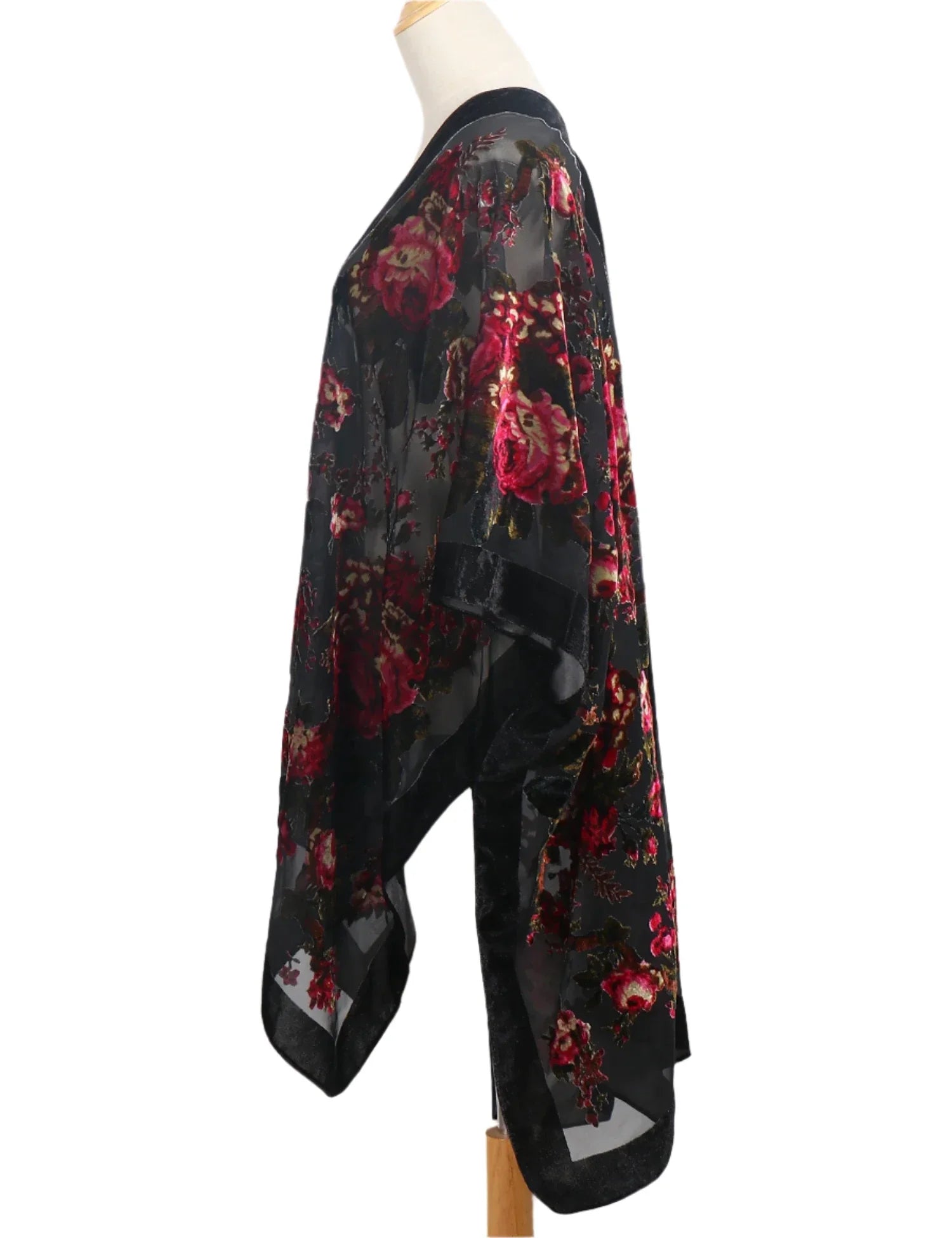 Black Rose Floral Print Velvet Burnout Kimono