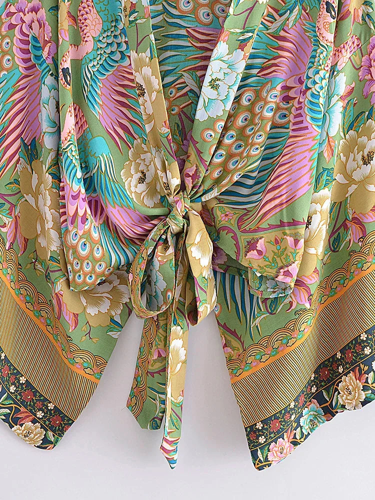 Jade Peacock Boho Floral Print Crop Top