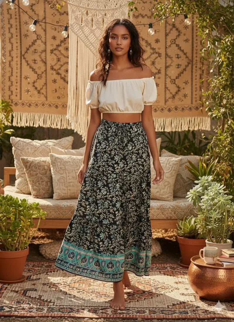 Midnight Blossom Floral Print Boho Maxi Skirt