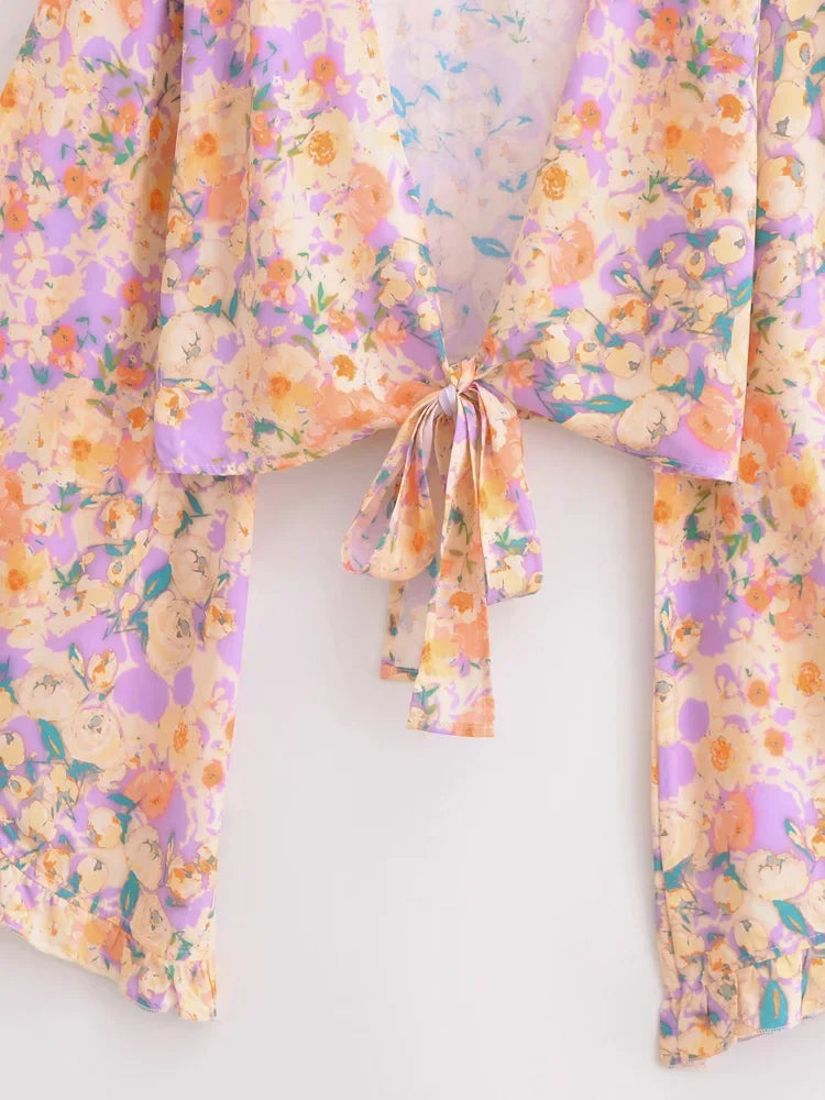 Soft Petals Boho Floral Print Long Sleeve Crop Top