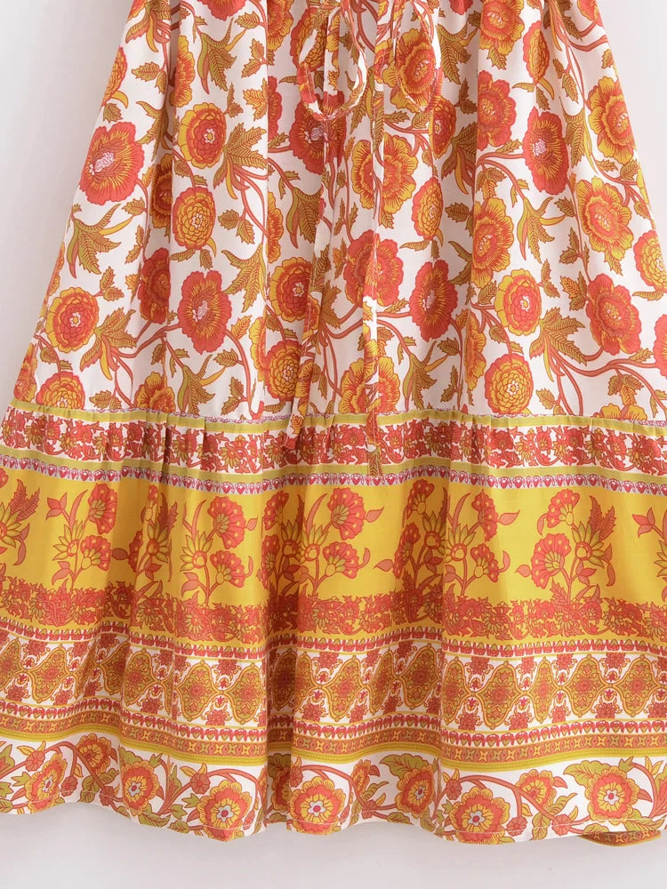 Marigold Orange Boho Floral Print Mini Dress