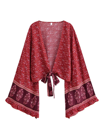 Crimson Blossom Boho Floral Print Long Sleeve Crop Top
